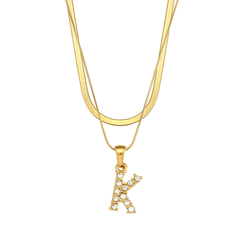 Fashionable Minimalist Letter Pendant Necklace in Stainless Steel with 18K Gold Plating and Cubic Zirconia on Double Snake Chain for Women