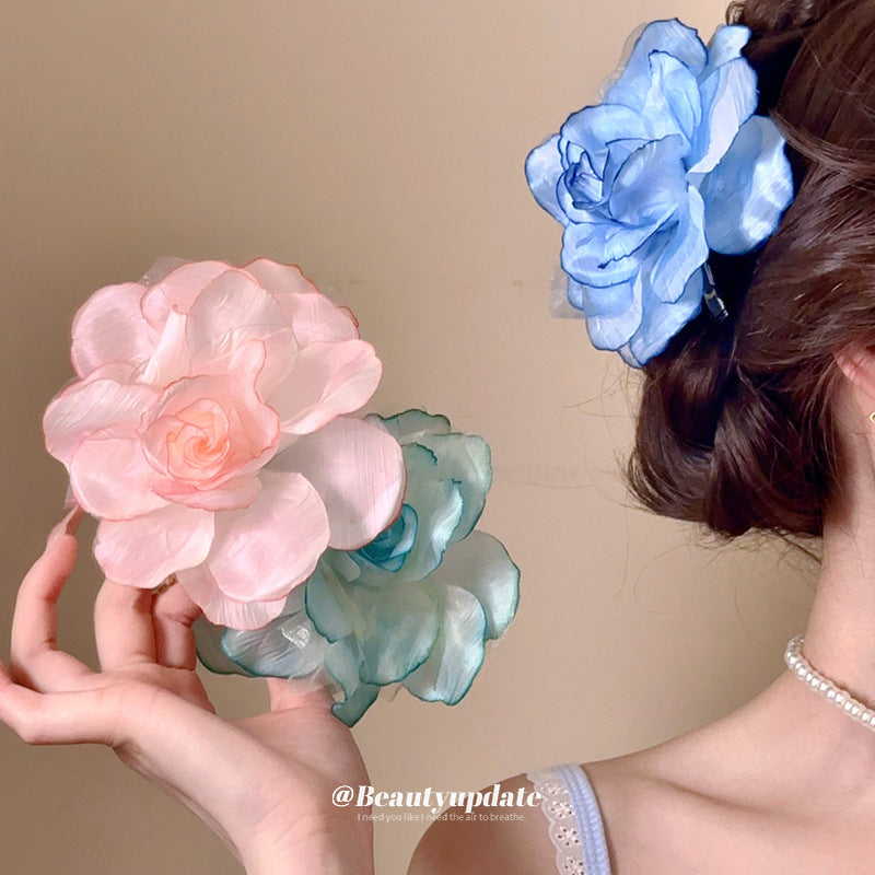 Fermaglio per Capelli a Becco d'Anatra Laterale Floreale da Donna in Tessuto con Lavorazione Artigianale, Stile Vacanziero e Estetica Fresca e Dolce