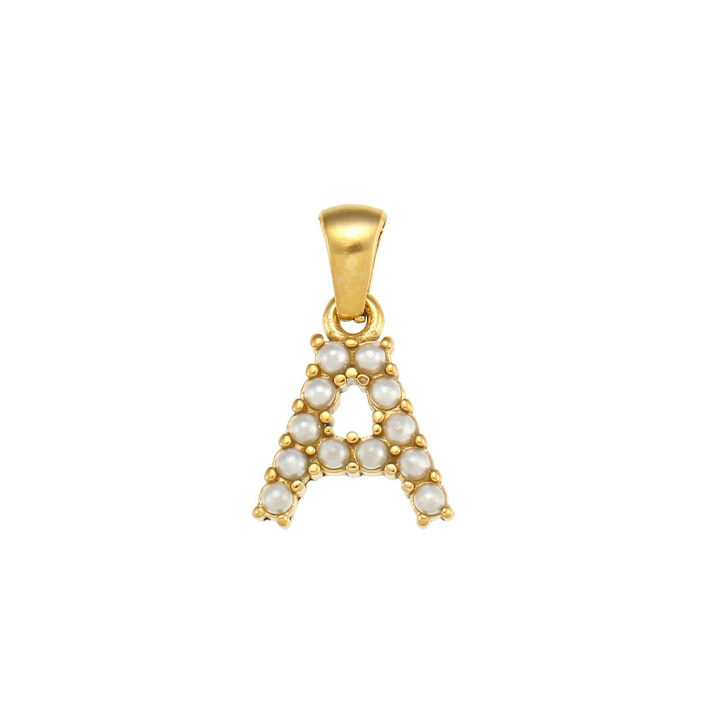 Minimalist Letter Pendant Necklace Stainless Steel with 18K Gold Plating Micro-Pave Zirconia and Pearl Accents