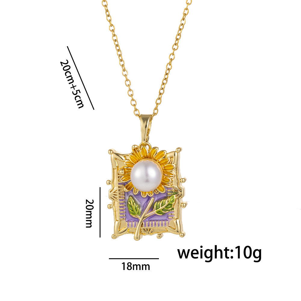 Elegant French Vintage Enamel Floral Pendant Necklace in Titanium Steel with Sunflower Motif for Women