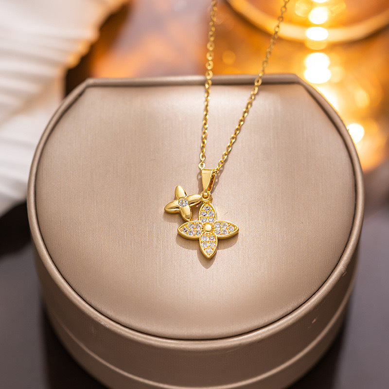 Minimalist Geometric Four-Leaf Clover Pendant Necklace for Women in Titanium Steel with Gold Plating, Hypoallergenic Locket Chain