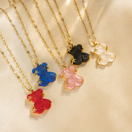 Minimalist Bear and Star Pendant Necklace for Women in Titanium Steel with Gold Plating on Wavy Chain