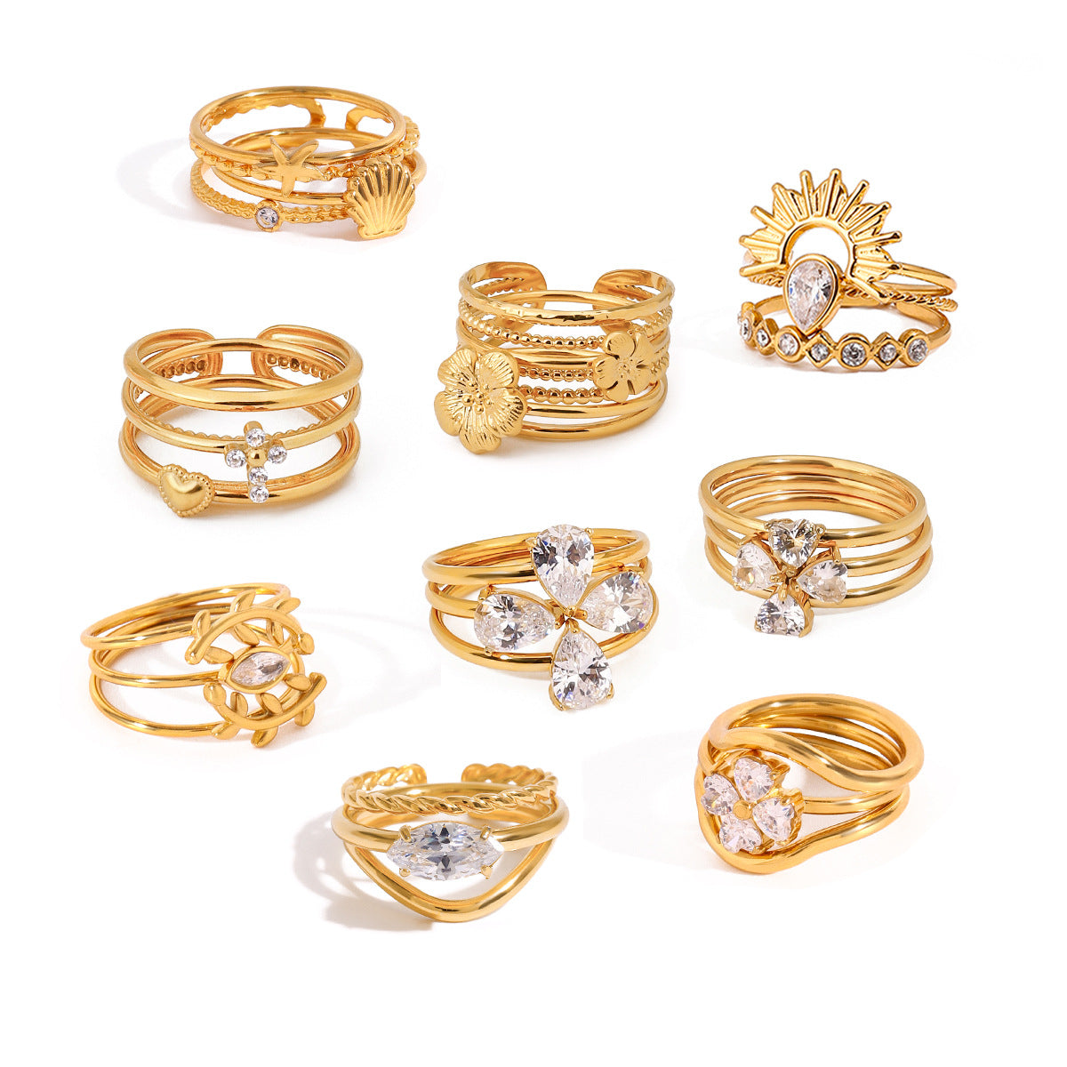 Geometric Floral Plated Stainless Steel Ring for Women