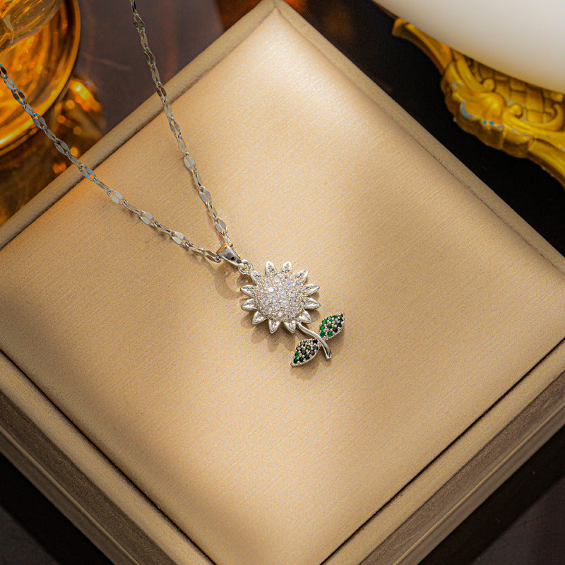 Minimalist Sunflower Pendant Necklace for Women in Titanium Steel with Plating Finish and Zircon Accents on Wavy Chain