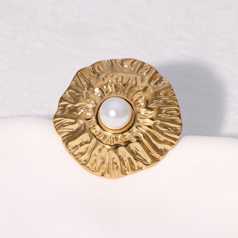 Minimalist Geometric Stainless Steel Ring for Women with 18K Gold Plating and Textured Pleated Detail