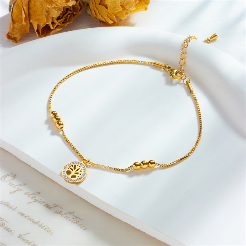 Minimalist Luxury Golden Titanium Steel Tree of Life Anklet with Gold Beads