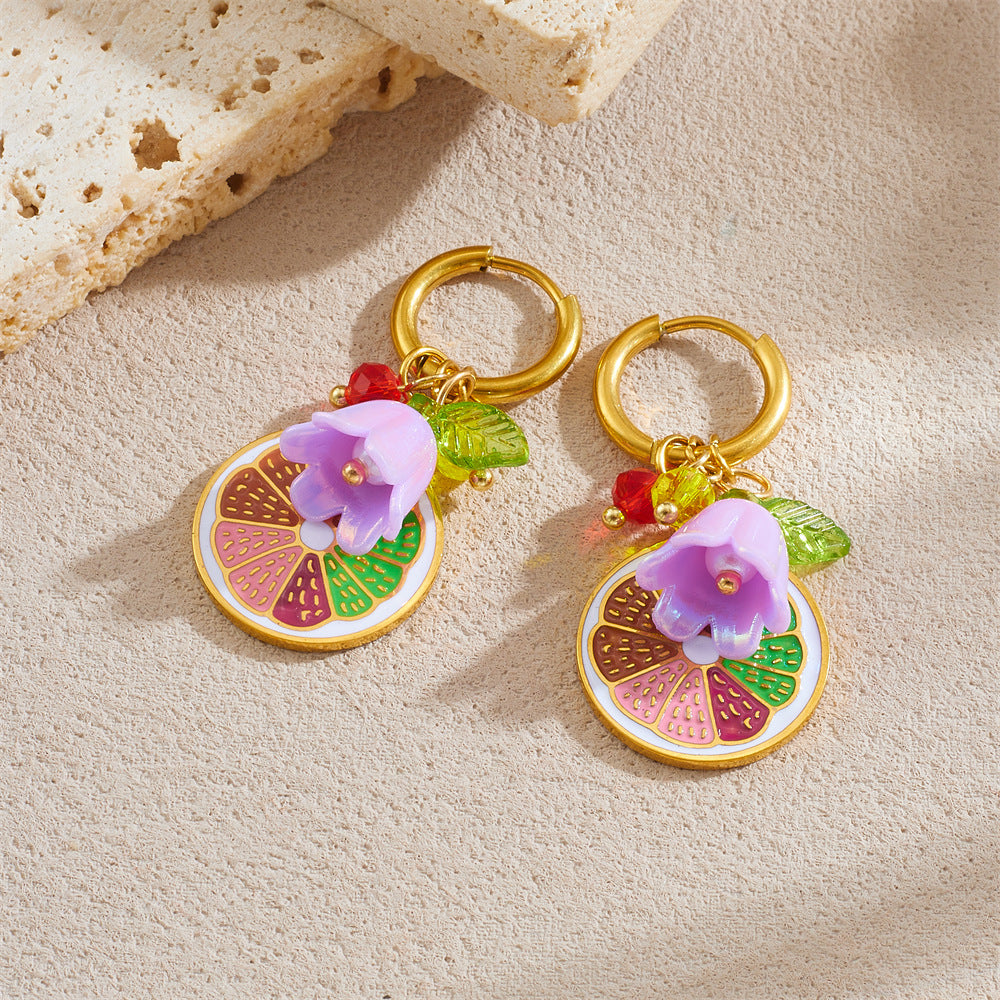 Sweet Cartoon Round Plated Stainless Steel Earrings with Lemon and Flower Pattern