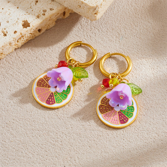 Sweet Cartoon Round Plated Stainless Steel Earrings with Lemon and Flower Pattern