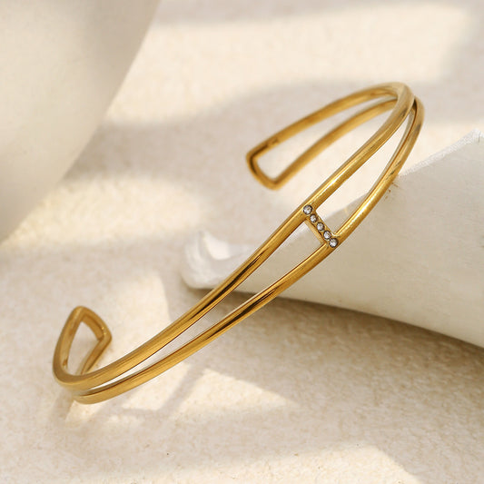 Minimalist Fashionable Stainless Steel Plated 18K Gold Double-Layer Delicate Bracelet with Rhinestone Accents