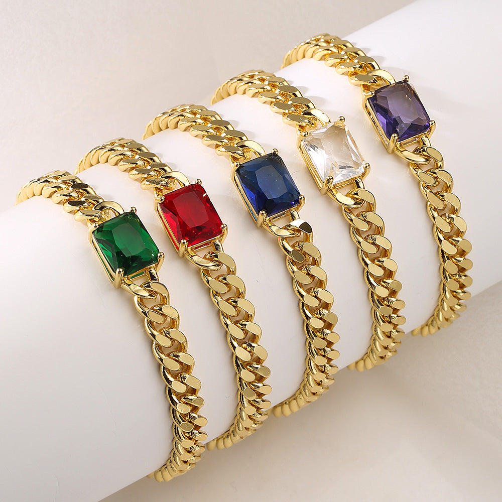 Bracciale da donna in rame con placcatura in oro 18K e intarsio in zirconi, stile punk hip-hop geometrico