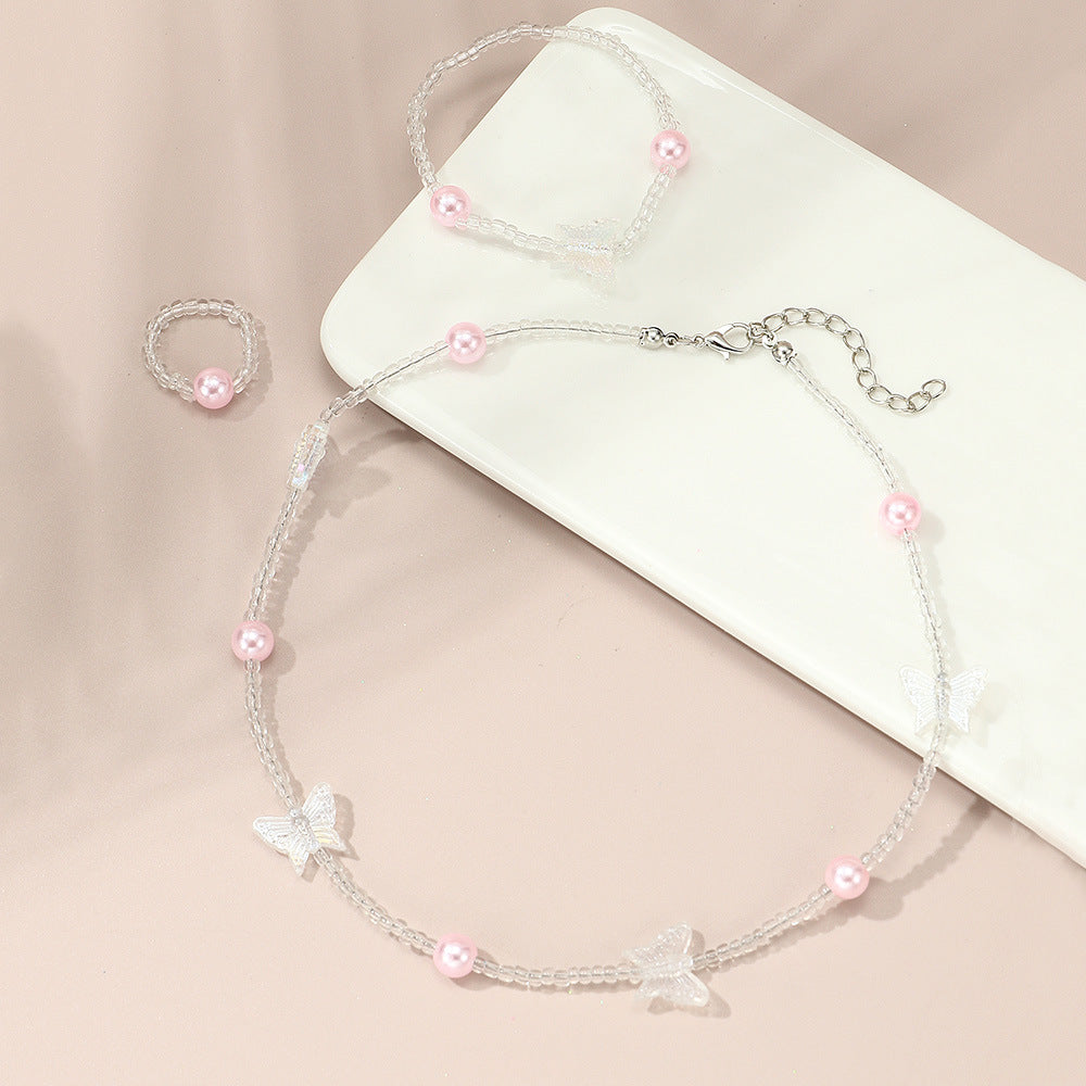 Precioso collar de resina con forma de mariposa para niñas con detalles de perlas, cadena de cuentas redondas, estilo princesa, para mayores de 6 años