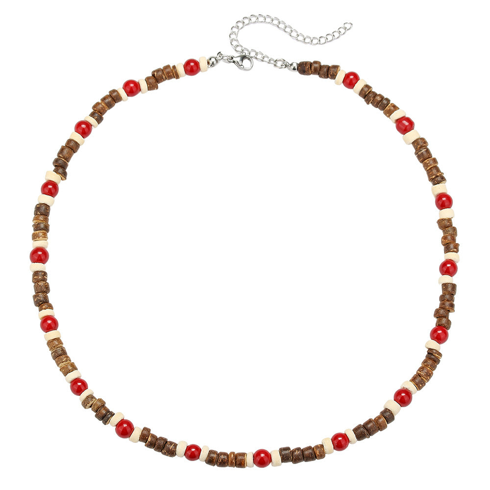 Bohemian Handmade Geometric Wood and Coconut Shell Ball Chain Necklace