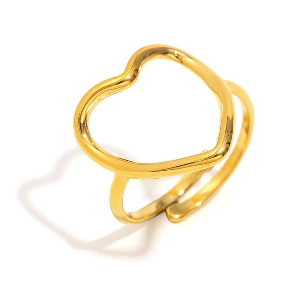 Fashionable Heart-Shaped Stainless Steel Ring with 18K Gold Plating, Hollow Star and Beaded Edge Design, Multi-Layer Zircon Accent, Office-Appropriate Minimalist Jewelry for Women