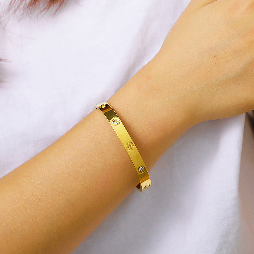 Streetwear Geometric Round Rhinestone Inlay Plated Stainless Steel Titanium Steel Bracelet