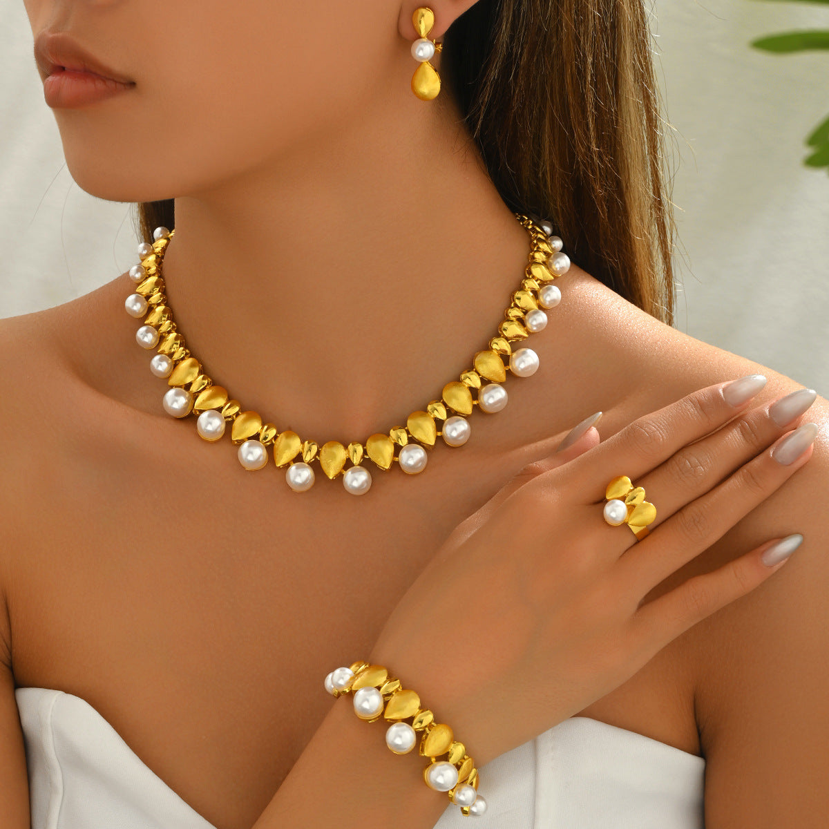 Minimalist Geometric Pearl Pendant Necklace Set with Earrings and Ring for Women Zinc Alloy Luxury Jewelry
