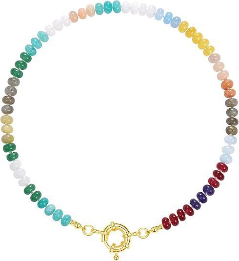 Sweet 8mm Natural Stone Bead Necklace Stainless Steel Geometric Round Ball Chain for Women