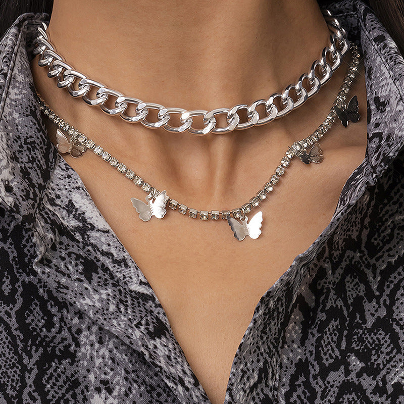 Minimalist Geometric Butterfly Rhinestone Alloy Plated Necklace with Curb Chain for Women