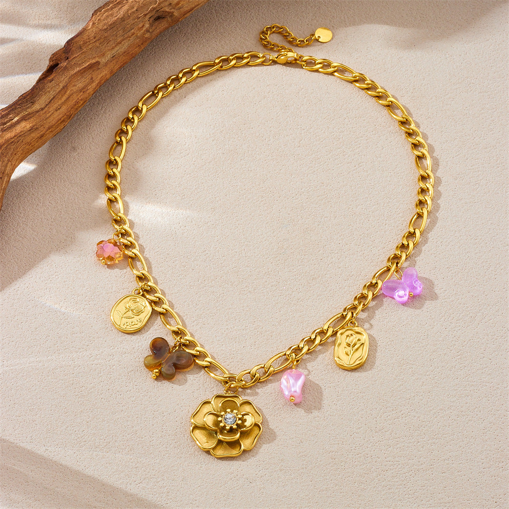 Fashionable Butterfly and Camellia Pendant Necklace in Gold-Plated Stainless Steel for Women