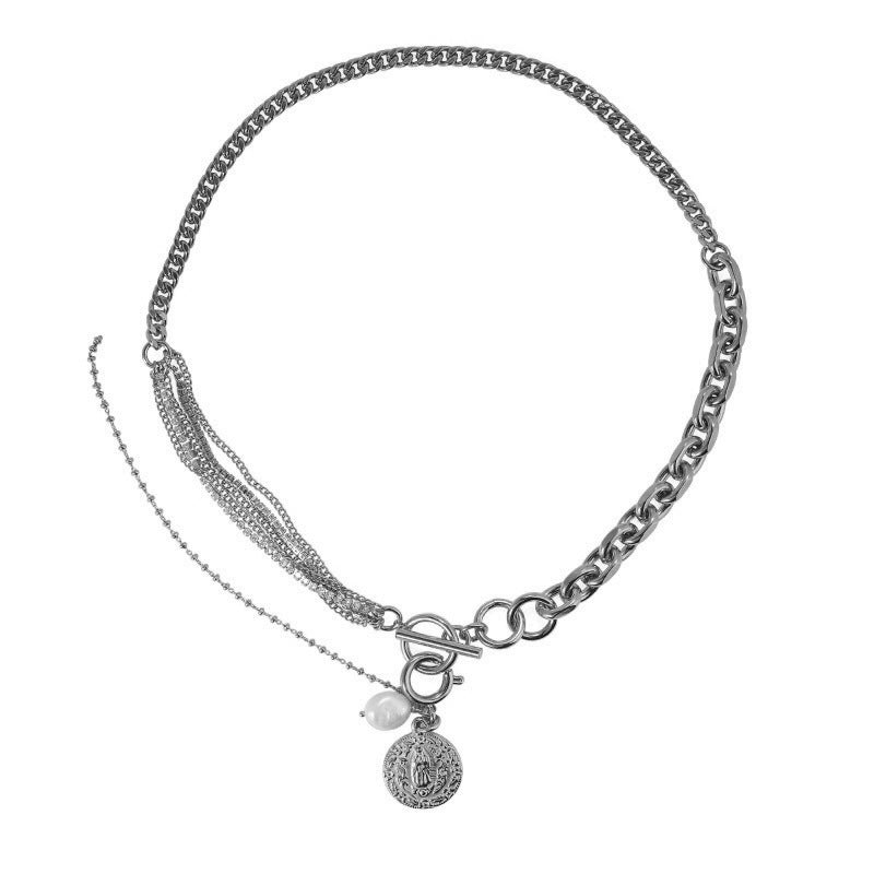 Cartoon-Style T-Shaped Clasp Necklace with Rhinestone Inlay and Pearl Pendant in Titanium Steel for Women