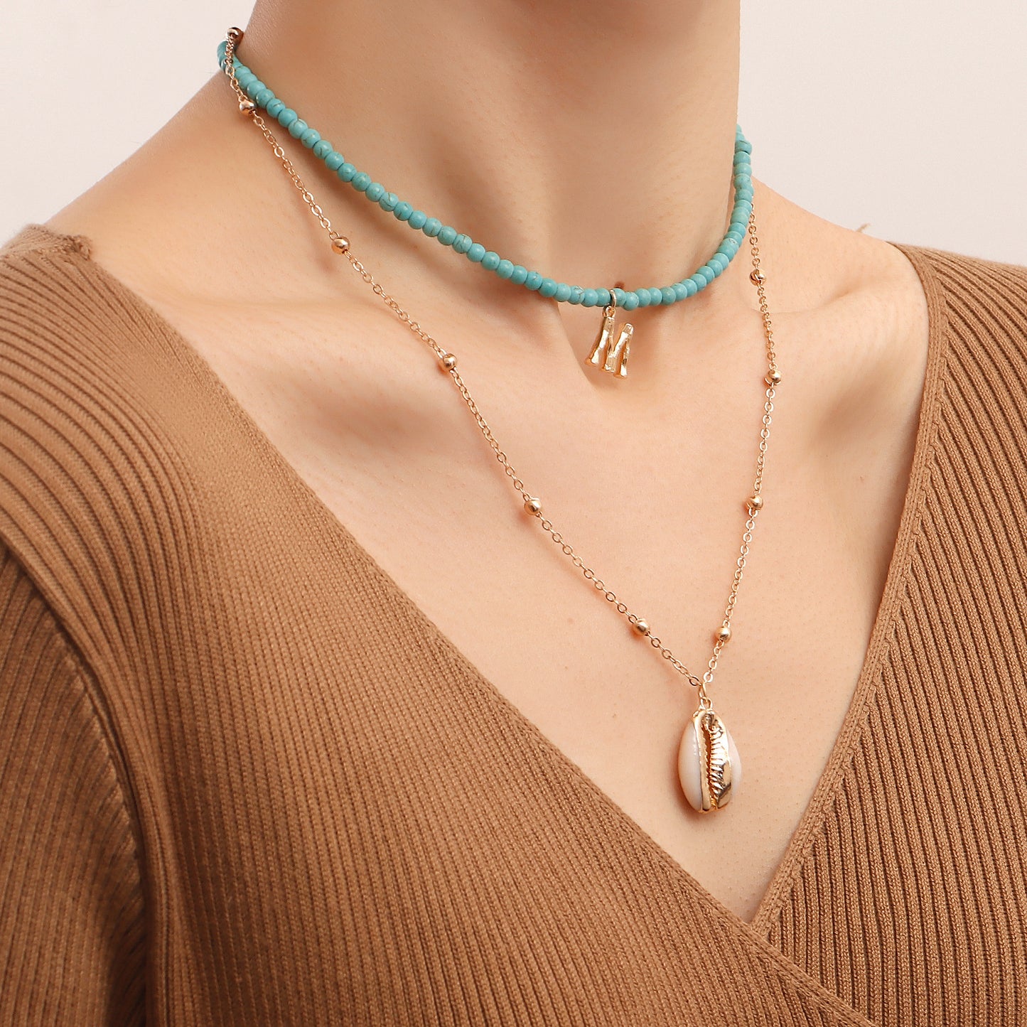 Minimalist Double-Layer Turquoise Necklace with Shell Pendant and Letter M Charm for Women Alloy Chain with Plating Finish