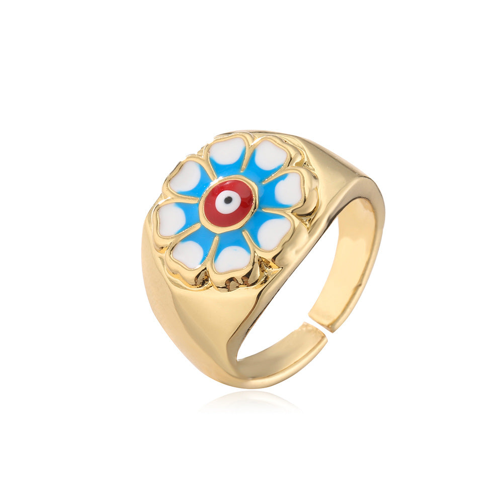 Bohemian Copper Ring with 18K Gold Plating and Enamel Floral Design for Women
