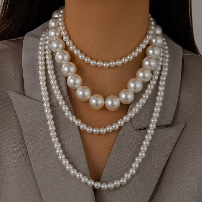 Collana da donna vintage elegante con perle finte a goccia geometriche, placcata, con catena a più strati