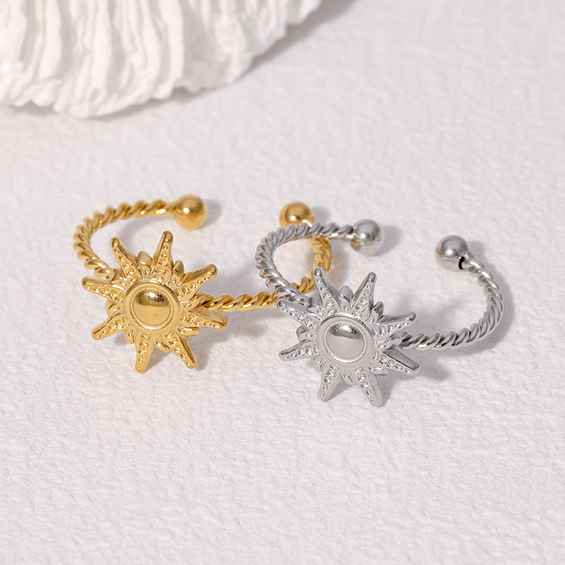 Fashionable Sun-Shaped Open-Ended Stainless Steel Ring for Women with Plated Finish