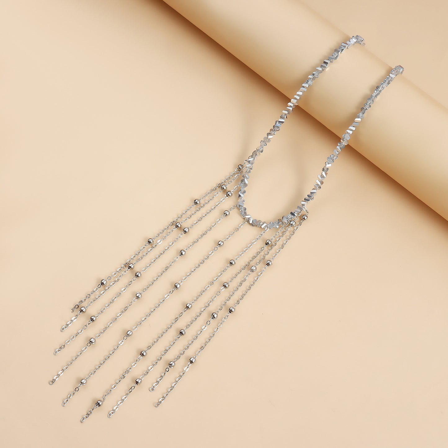 Fashion Minimalist Tassel Clavicle Necklace with Mirror Glass Beads and Geometric Pendant in Electroplated Alloy