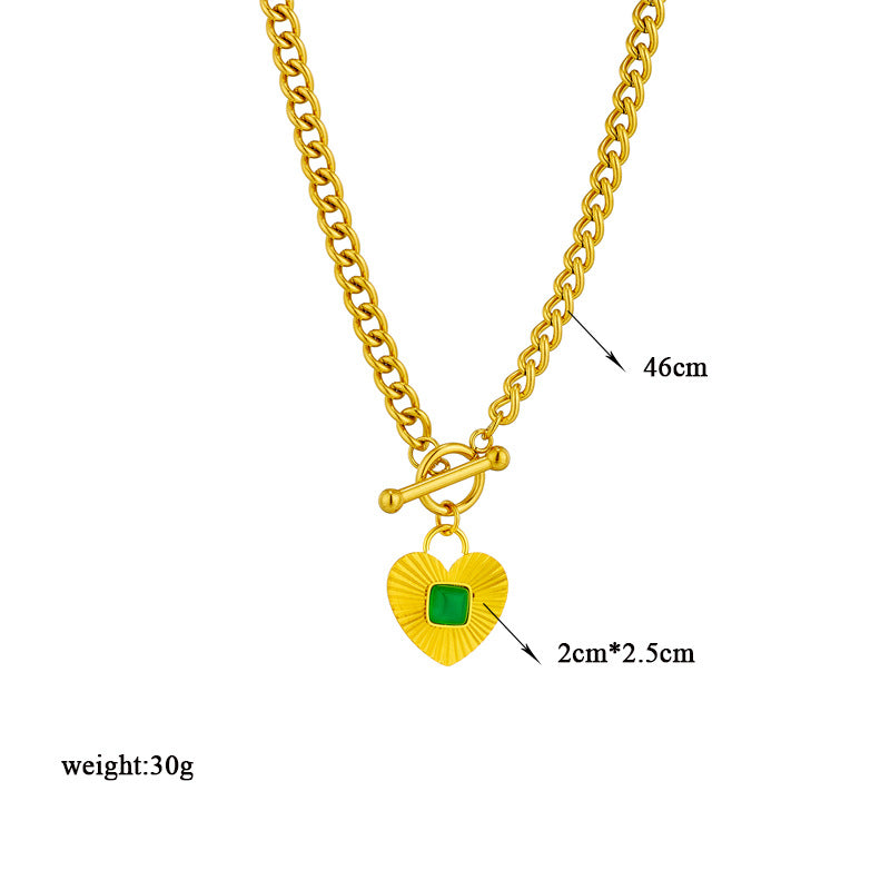 Vintage Heart-Shaped Titanium Steel Pendant Necklace with Green Inlay and Plated Finish for Women
