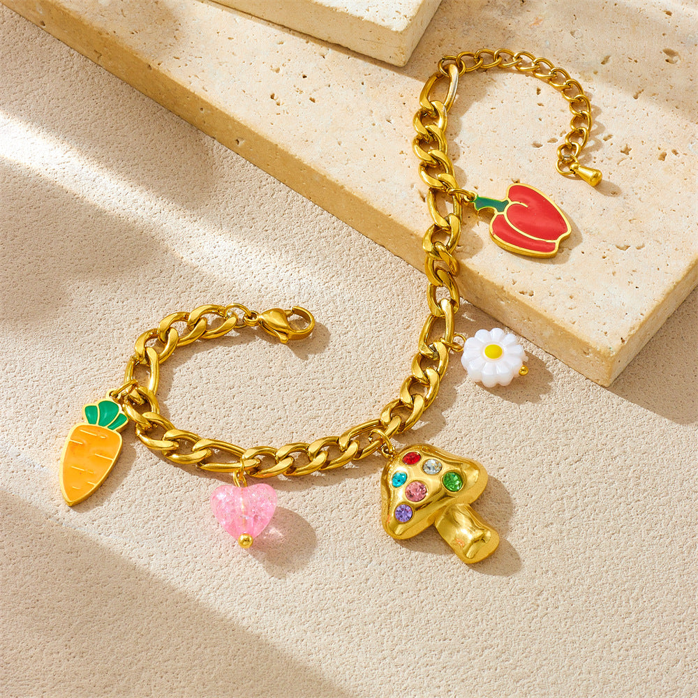 Fashionable Cute Enamel Bell Pepper Carrot Mushroom Flower Pendant Stainless Steel Bracelet for Women
