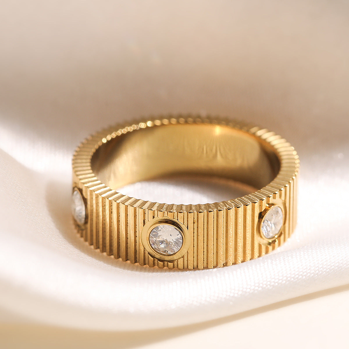 Minimalist Gold Plated Stainless Steel Geometric Striped Ring with Cubic Zirconia for Women