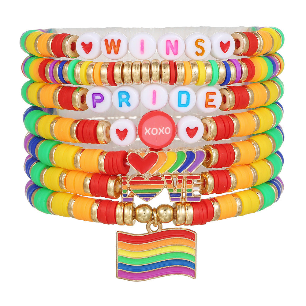 Streetwear Rainbow Gradient Heart Geometric Resin Acrylic Glass Bead Stretch Bracelet Set