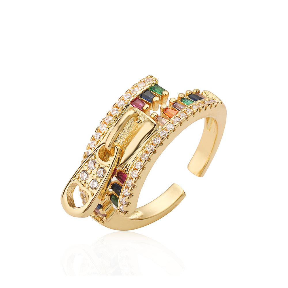 Anello Aperto Geometrico Minimalista da Donna in Ottone con Placcatura in Oro 18K e Intarsio in Zircone