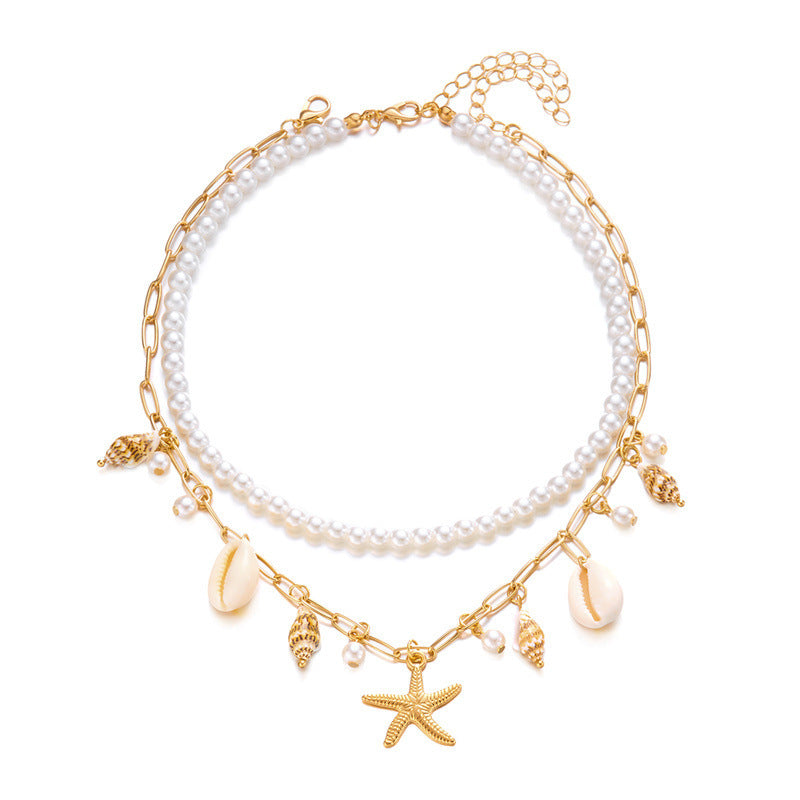 Bohemian Handmade Beaded Geometric Starfish Shell Alloy Necklace Set for Women