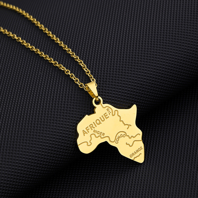 Collana con pendente mappa africana geometrica etnica in acciaio al titanio con finitura placcata, unisex