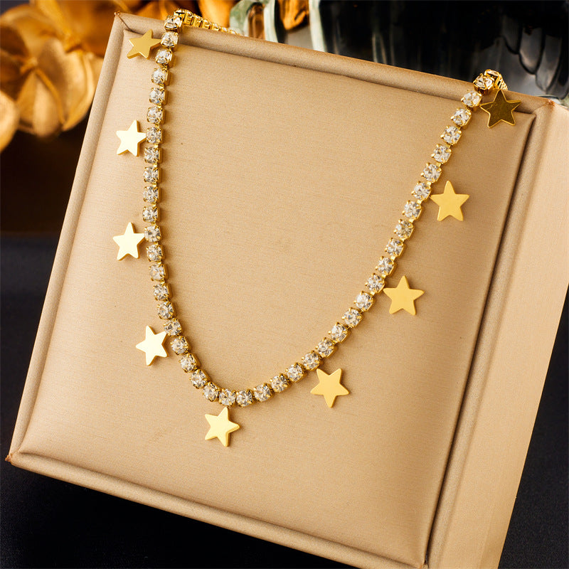 Vintage-Inspired Minimalist Star Pendant Necklace and Bracelet Set in Titanium Steel with Rhinestone Inlay and Plated Finish
