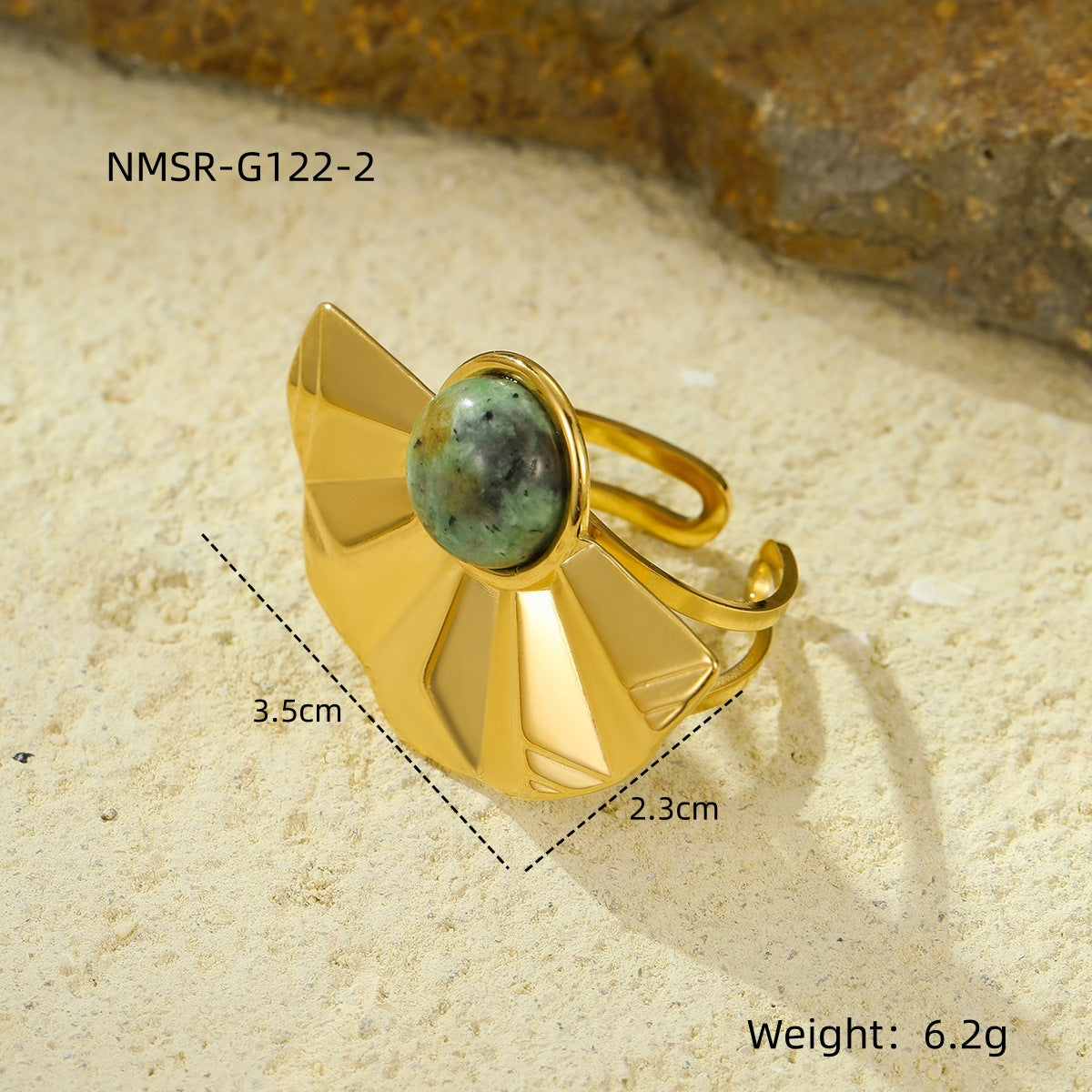 Anello vintage da donna in acciaio inossidabile placcato oro 18 carati con design geometrico a ventaglio e intarsio in pietra naturale