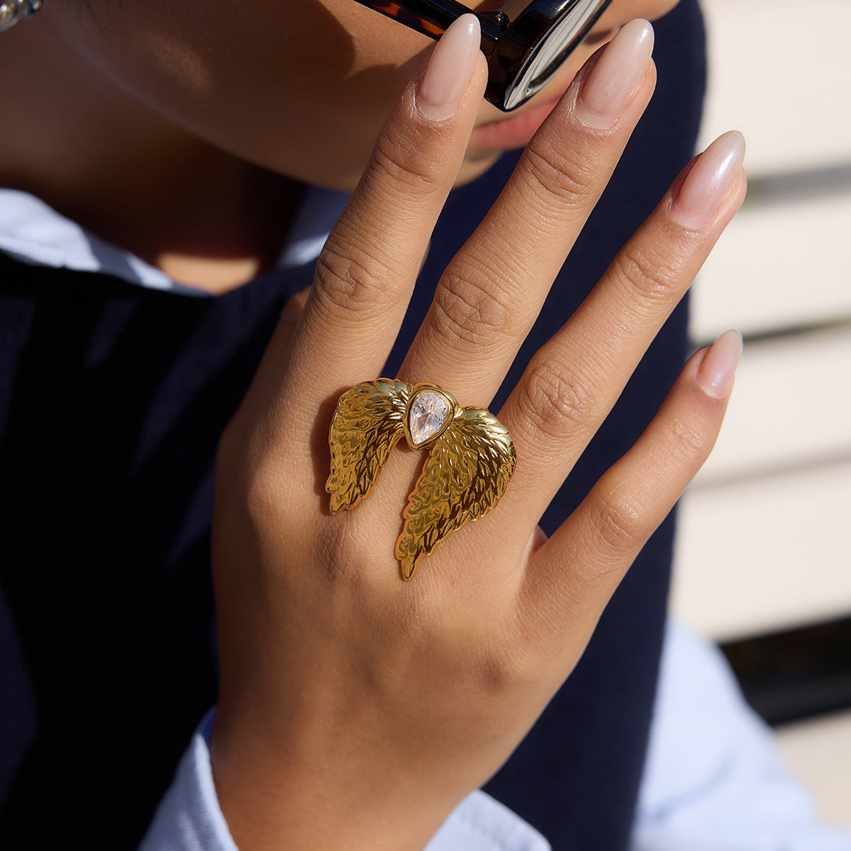 Minimalist Geometric Wing Cubic Zirconia Inlay Stainless Steel Ring for Women