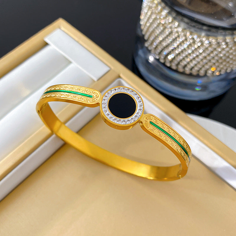 Luxury Vintage Geometric Black Round Square Cubic Zirconia Green Striped Polished Titanium Steel Bracelet