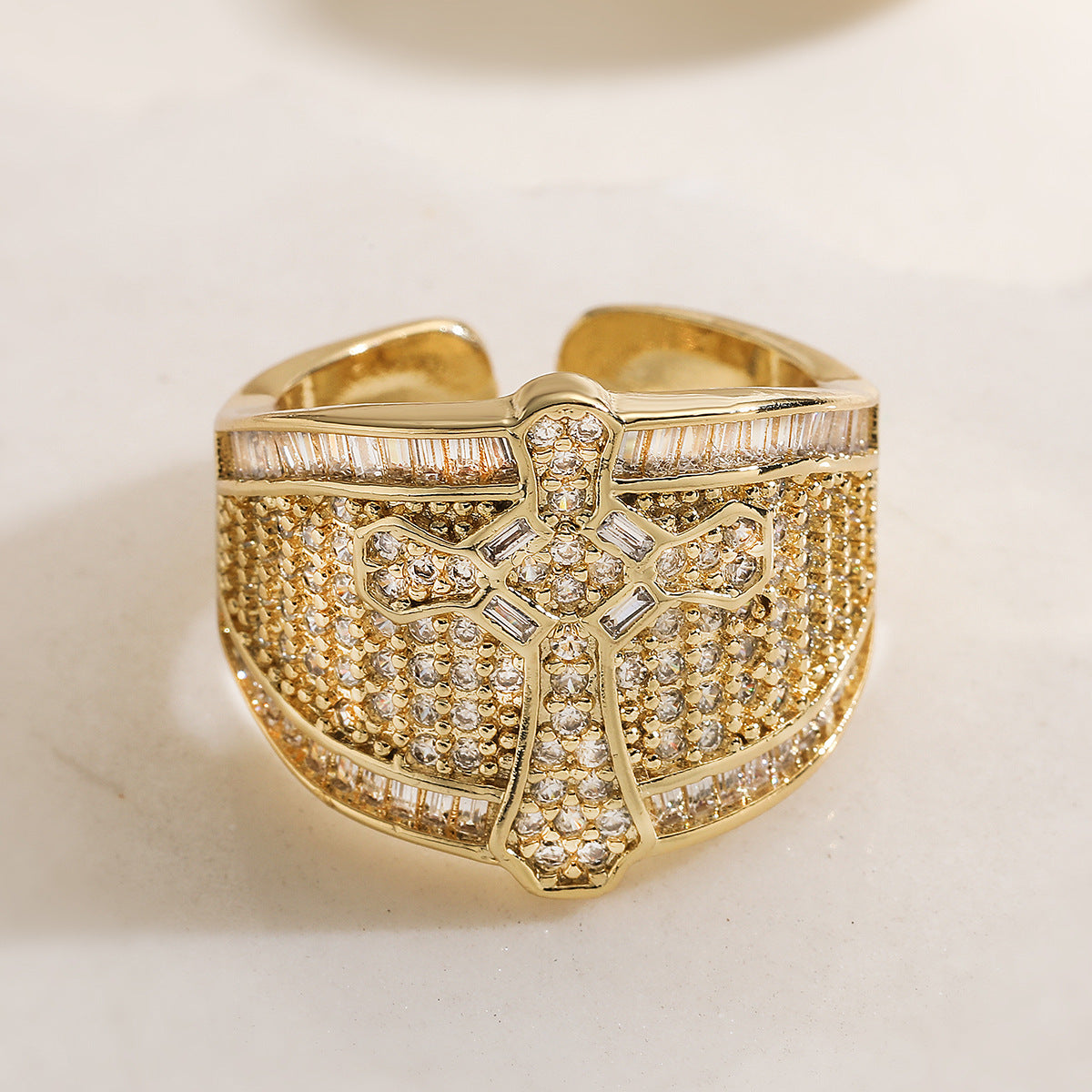 Minimalist Hip-hop 18K Gold Plated Heart Cross Brass Ring with Cubic Zirconia for Women