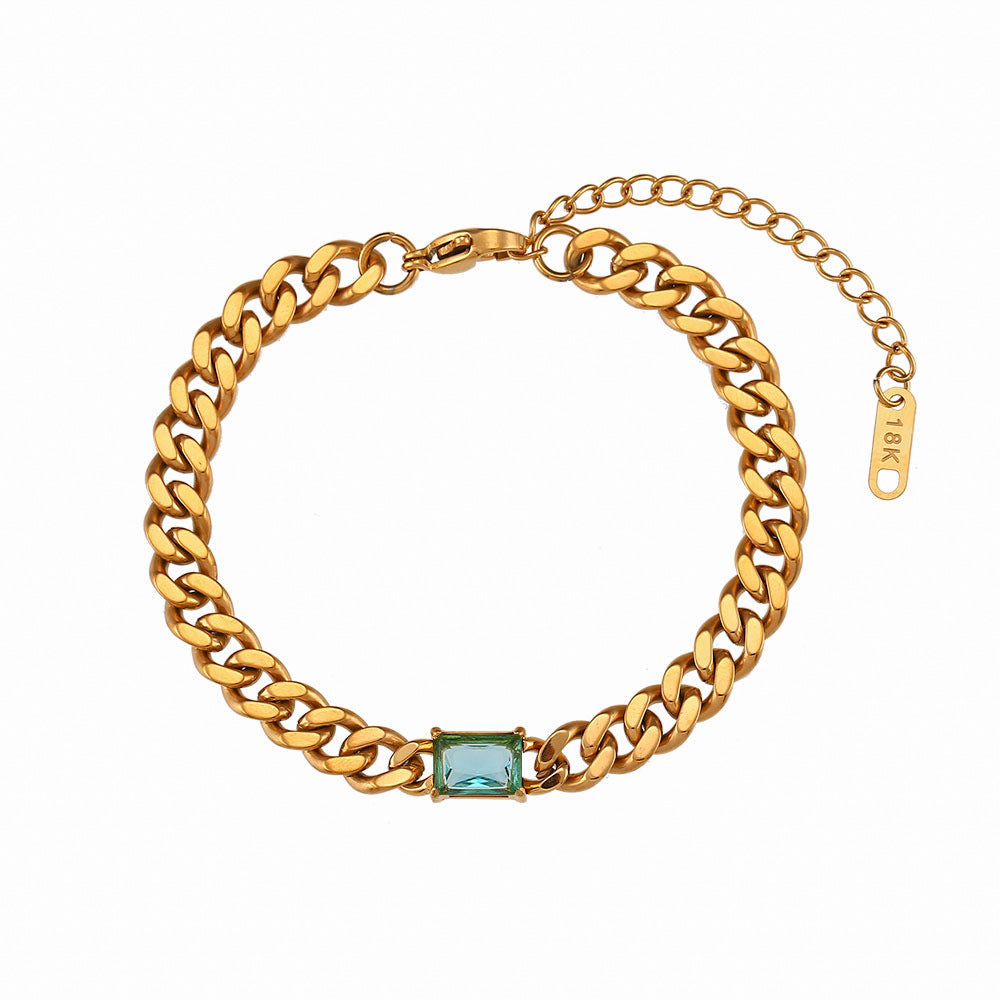 Minimalist Geometric Stainless Steel Plated 18K Gold Cuban Link Bracelet with Micro-Paved Zirconia for Women
