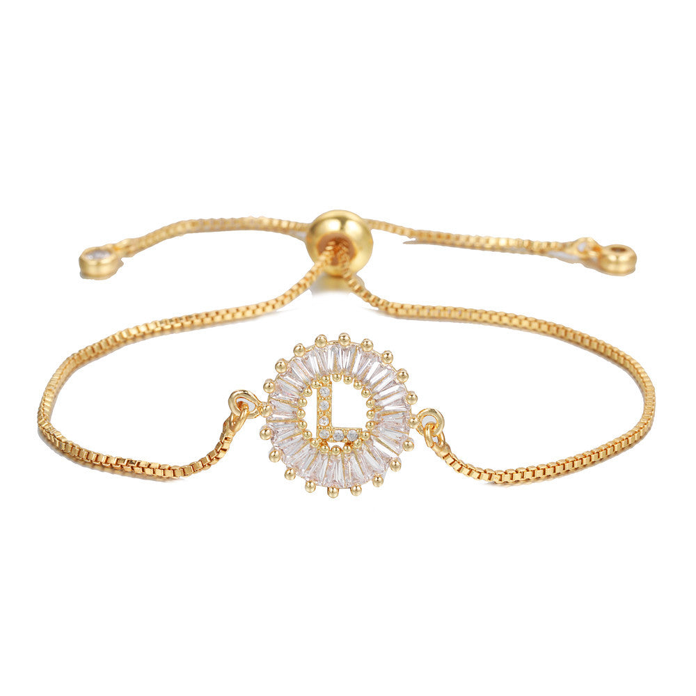 Minimalist Gold Plated Brass Letter Bracelet with Cubic Zirconia Adjustable A-Z