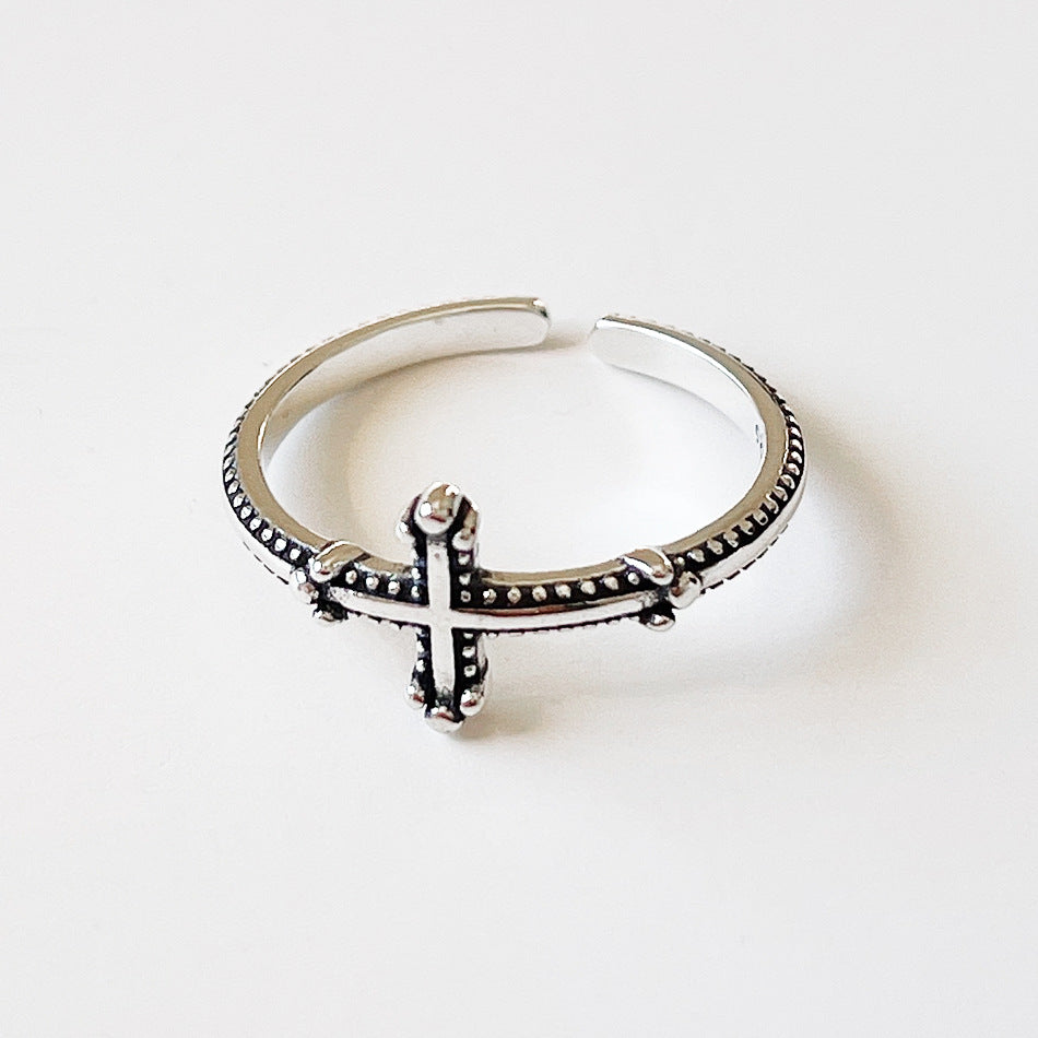 S925 Sterling Silver Minimalist Vintage Twisted Cross Open Ring