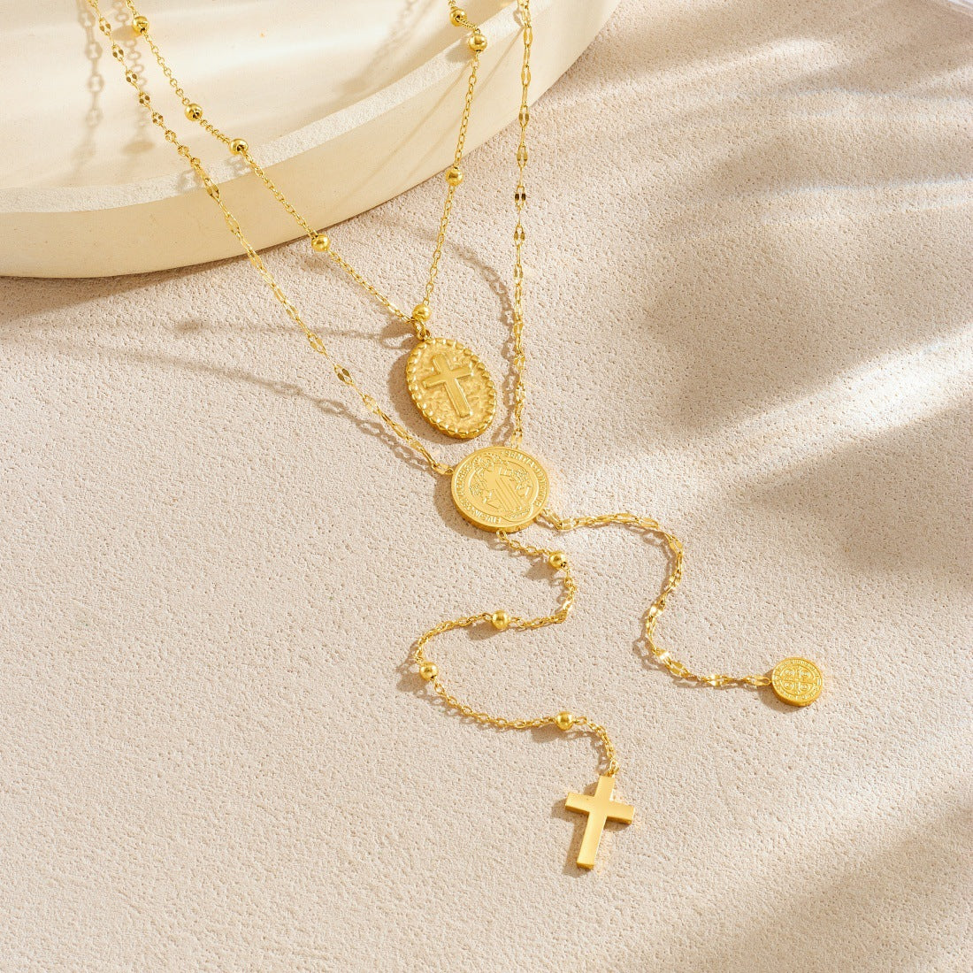 Vintage Gold Plated Stainless Steel Multi-Layer Cross and Round Relief Portrait Necklace for Women