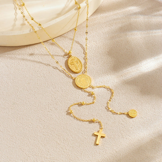 Vintage Gold Plated Stainless Steel Multi-Layer Cross and Round Relief Portrait Necklace for Women