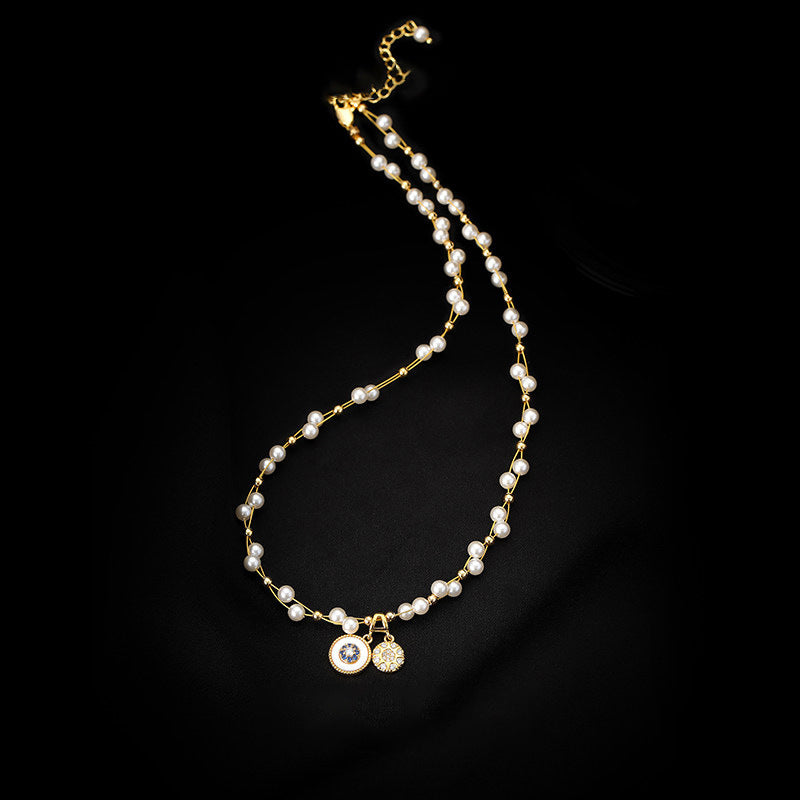Collar de Perlas con Forma de Estrella y Circonitas, Chapado en Oro de Lujo para Mujer, Elegante Cadena de Clavícula con Colgante de Aleación y Diseño Geométrico