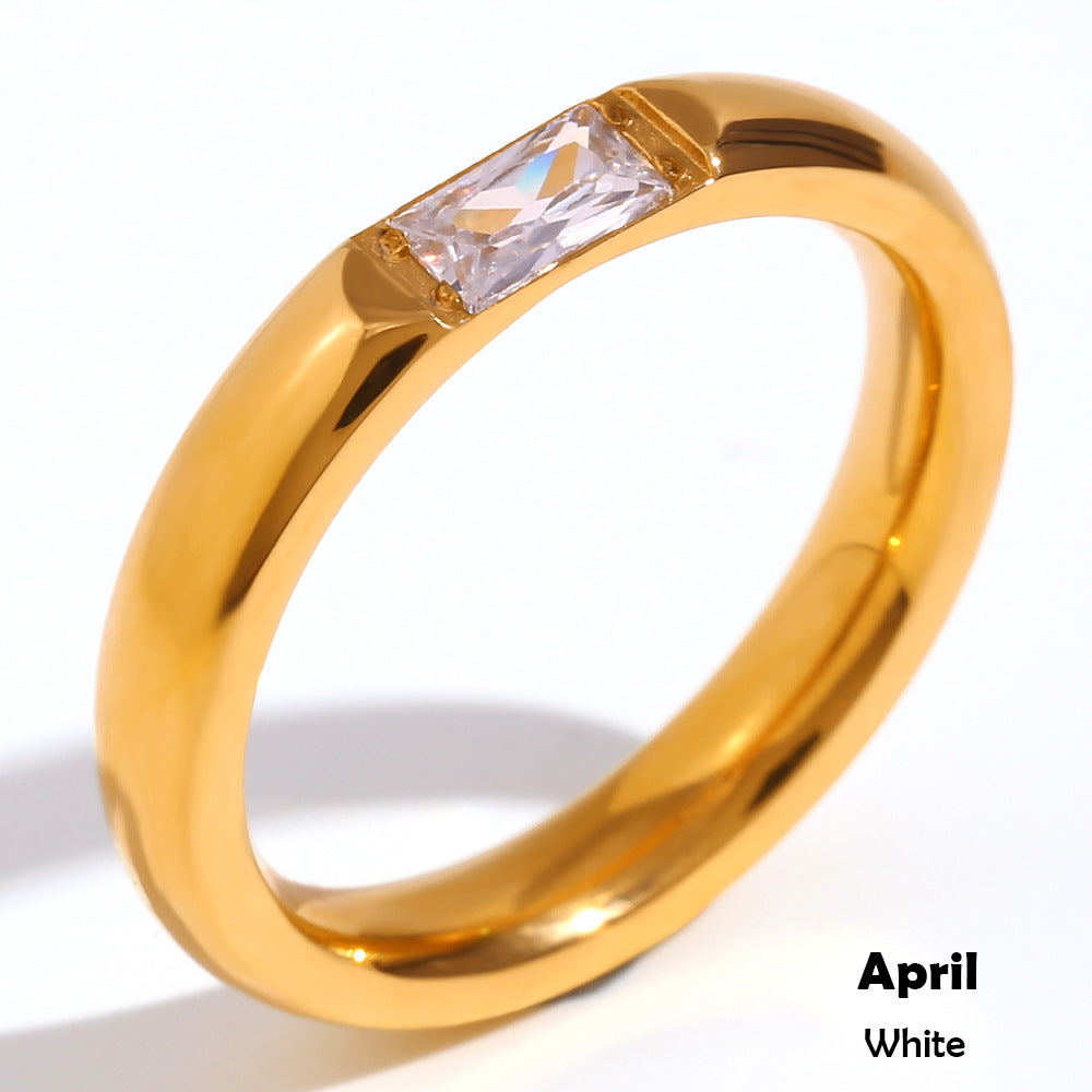 Anillo Minimalista Geométrico de Acero Inoxidable con Baño de Oro de 18K y Piedra Natal de Zirconia Rectangular para Mujer