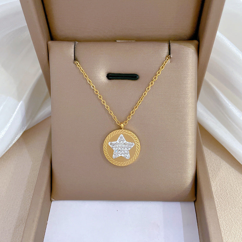 Collar con colgante de estrella geométrica minimalista en acero de titanio con incrustaciones de diamantes de imitación para mujer y hombre