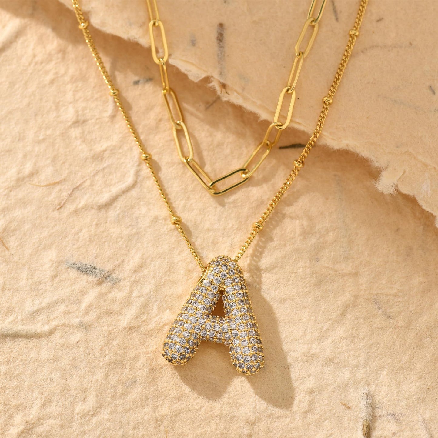 18K Gold Plated Brass Double Layer Letter Necklace Micro Pave Cubic Zirconia Serpentine Chain Women's Jewelry
