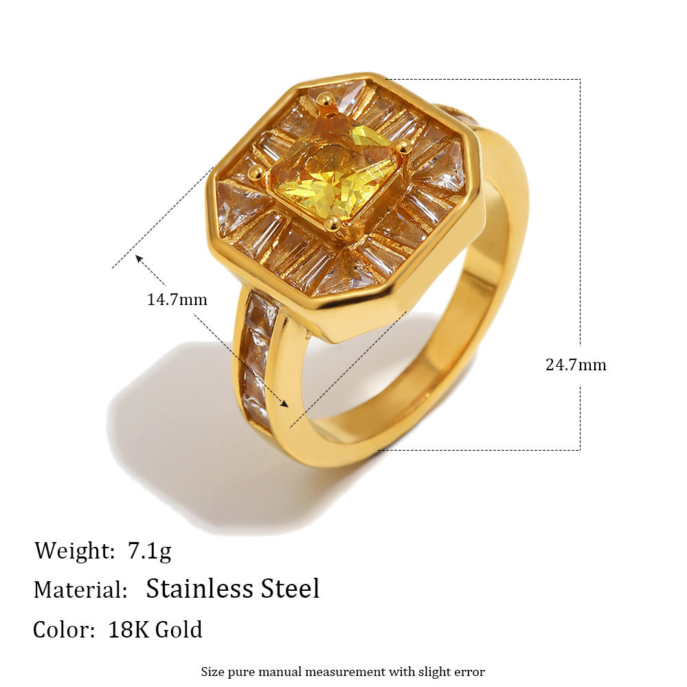 Vintage Elegant 18K Gold Plated Square Geometric Stainless Steel Ring with Full Cubic Zirconia for Women
